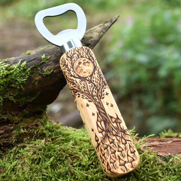 Moon tree hand burned pyrography bottle opener. Practical unusual gift.