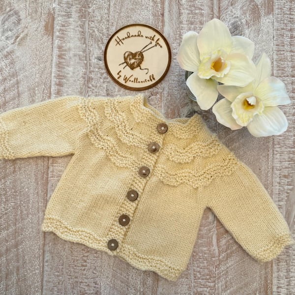 20% off. Sample Handknitted Gartinette Wavy Cardigan - Newborn. Vanilla Cream.