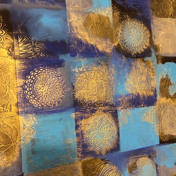 Abstract Blue & Gold Textured Canvas painting- Mixed Media wall Art