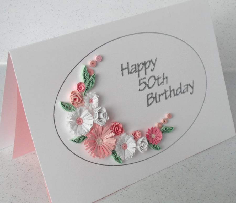 50th birthday card with quilling flowers
