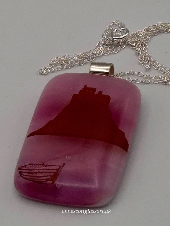 Holy Island on Pink, Fused Glass Pendant with Sterling Silver Findings