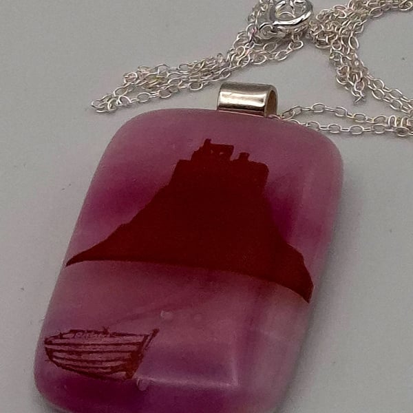 Holy Island on Pink, Fused Glass Pendant with Sterling Silver Findings