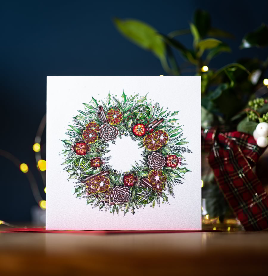 Christmas Orange and Cinnamon Wreath festive single card