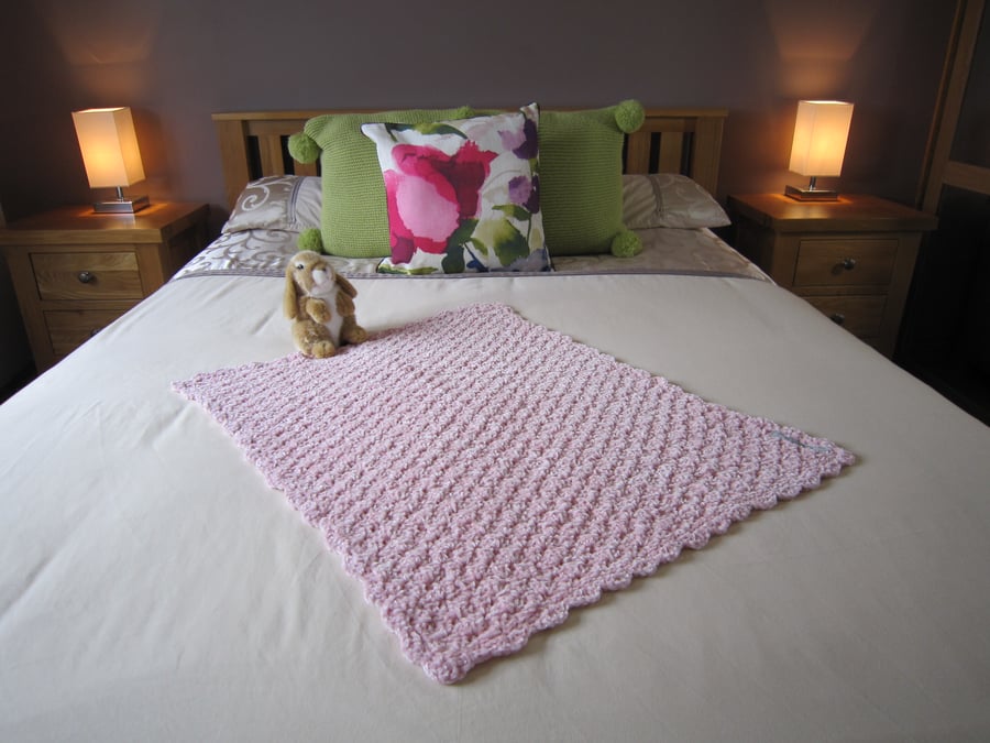 Pink Crochet baby blanket, oblong, velvet feel, baby girl, baby gift idea