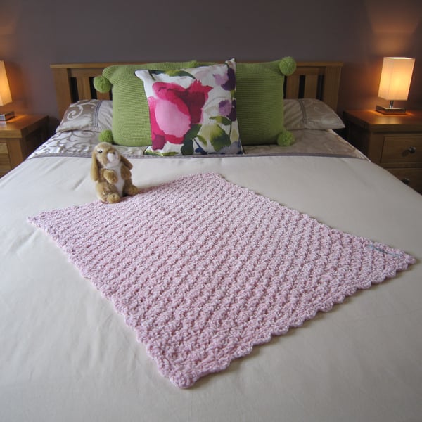 Pink Crochet baby blanket, oblong, velvet feel, baby girl, baby gift idea