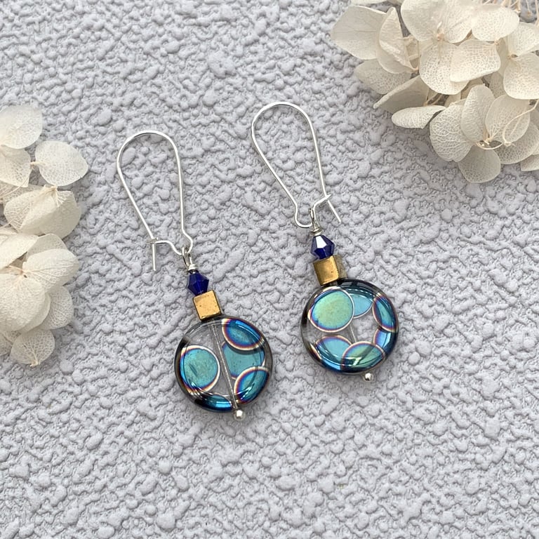 Czech Glass Patterned Blue Disk Drop Earrings