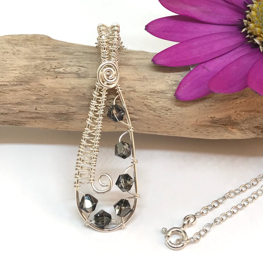 Teardrop Pendant With Crystals, Sterling Silver