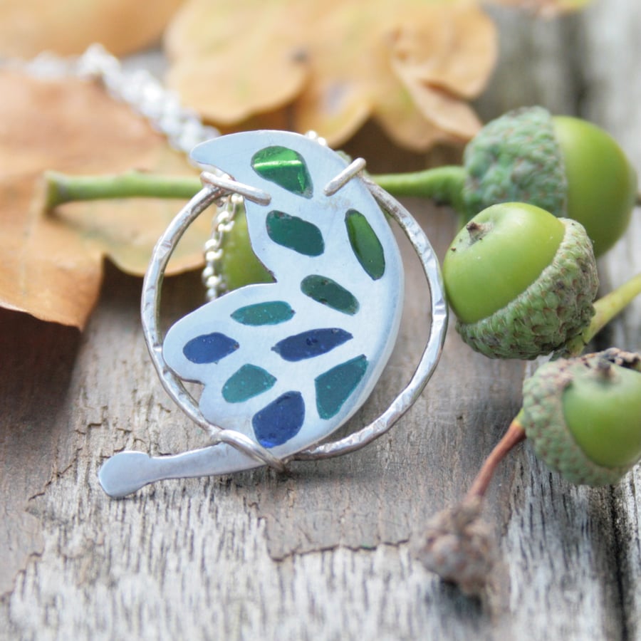 Silver fairy wing necklace, unique enamel necklace, plique-a-jour enamel pendant