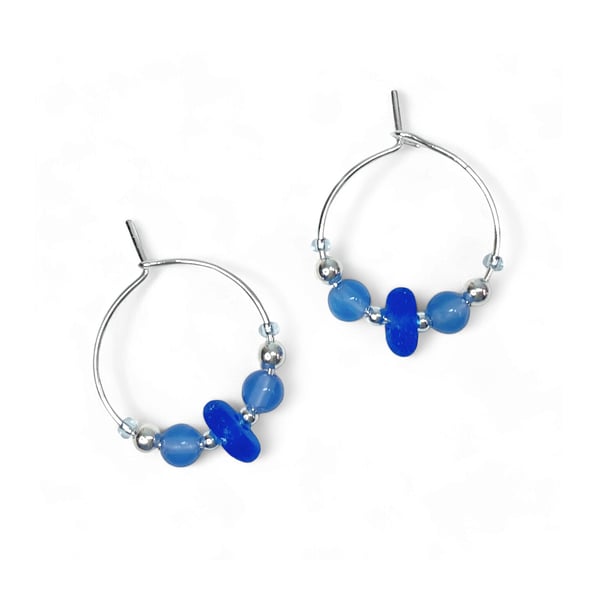 Blue Glass Hoop Earrings. Small Blue Sterling Silver Blue Onyx Beaded Hoops