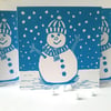 Linocut CHRISTMAS CARD PACK OF 3 Blue Snowman