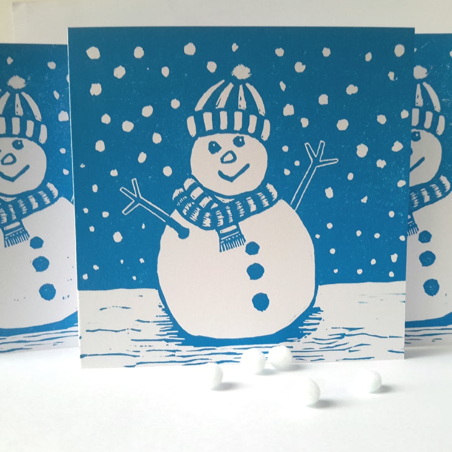 Linocut CHRISTMAS CARD PACK OF 3 Blue Snowman