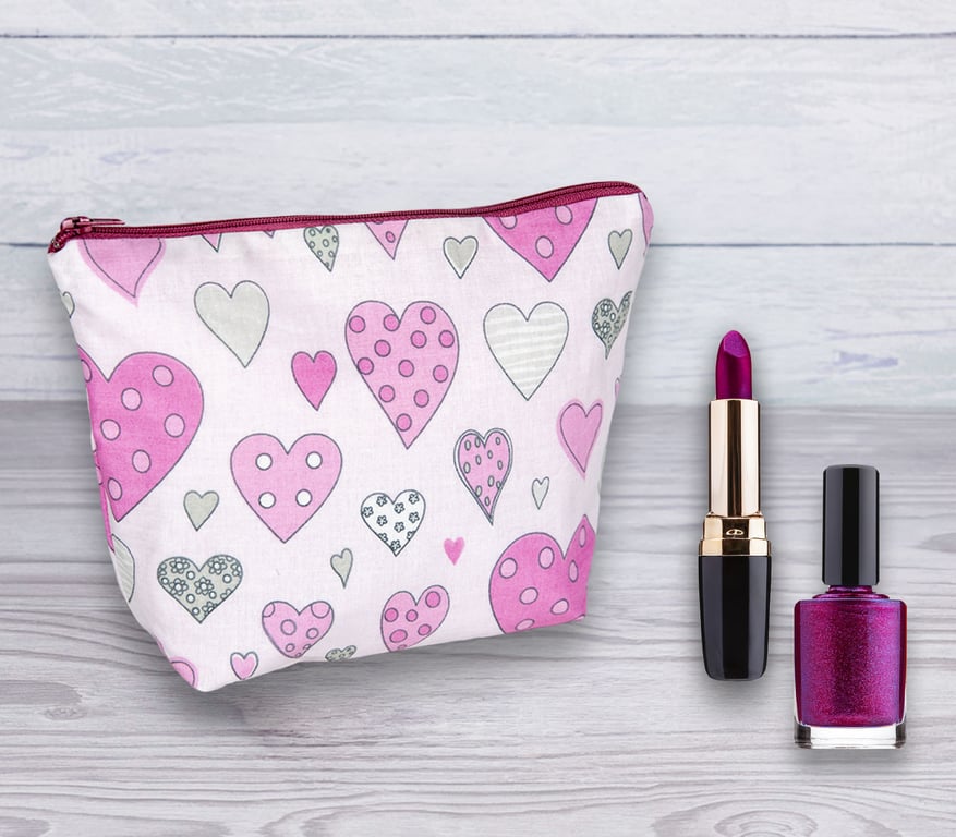 Cosmetic Bag, Make up Bag, Pink Hearts Design, Cosmetic Bag-134