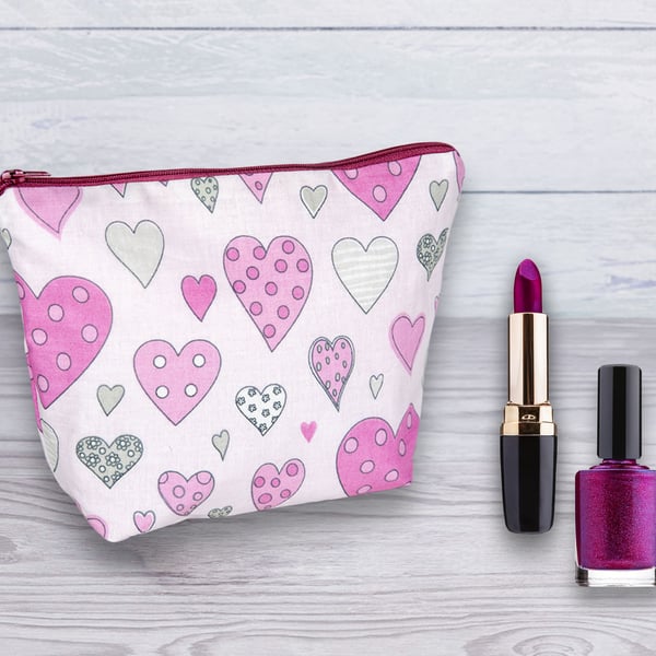 Cosmetic Bag, Make up Bag, Pink Hearts Design, Cosmetic Bag-134
