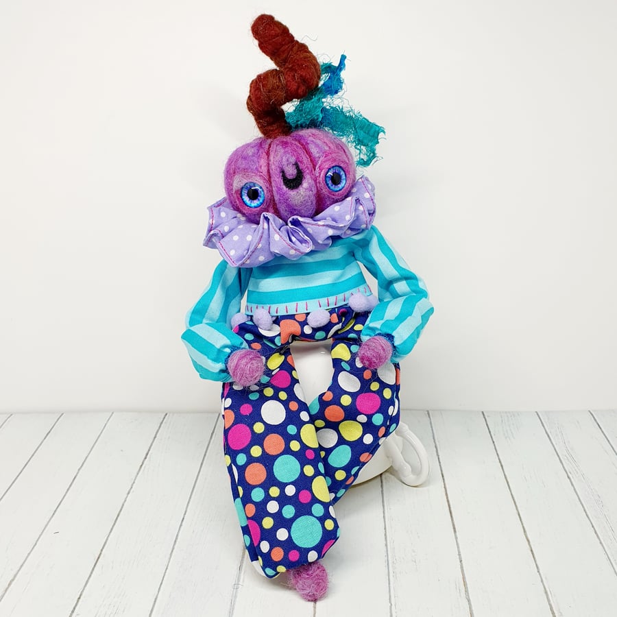 Purple Clown Needlefelted Pumpkin Art Doll