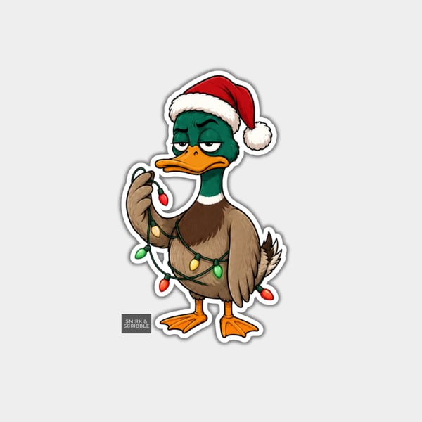 Unique Funny Christmas Sticker Xmas Decal - Grumpy Duck In Santa Hat