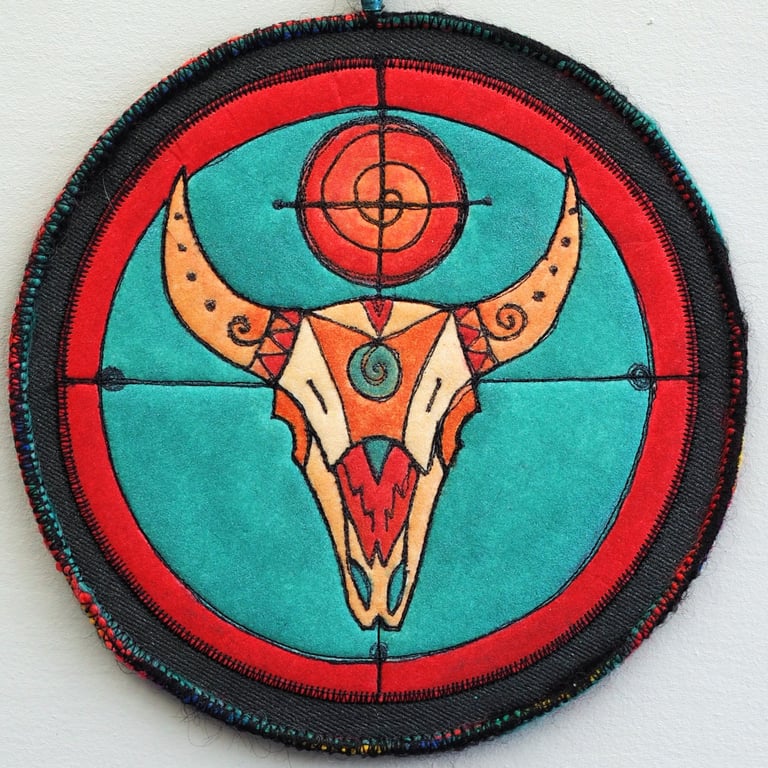 BTME010-Buffalo Skull Totem Mandala-20cm diameter-Jade-Pewter-Black-Red-Orange