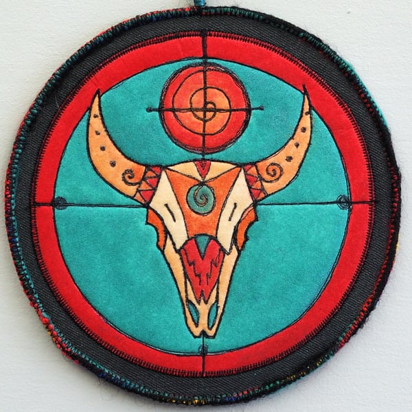 BTME010-Buffalo Skull Totem Mandala-20cm diameter-Jade-Pewter-Black-Red-Orange