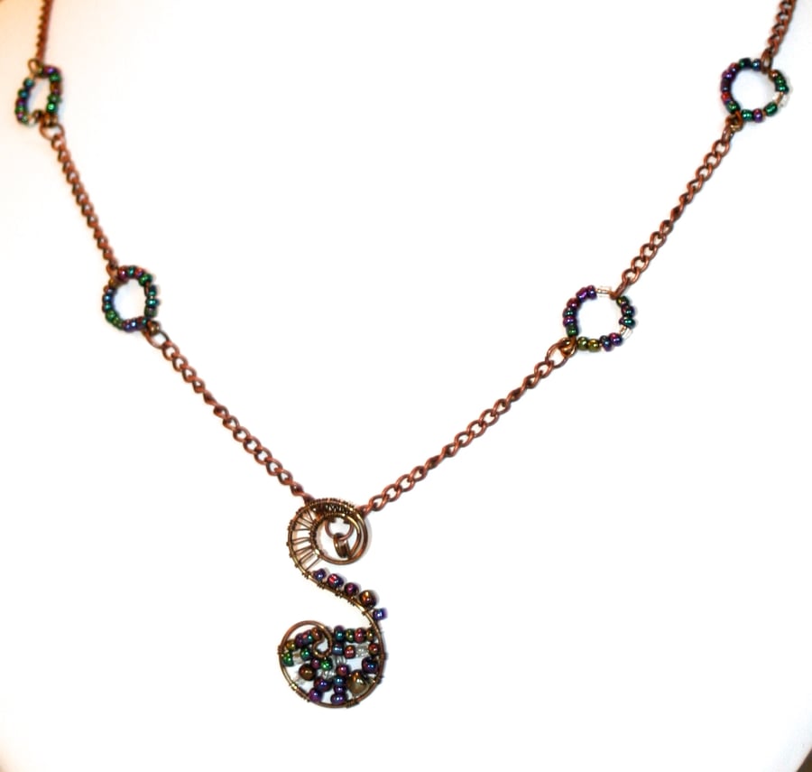 Wire wrapped multicoloured seed bead necklace