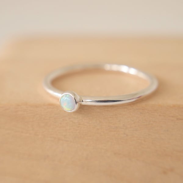 Lab Opal  Small Gemstone Ring - 3mm Cabochon and Sterling Silver