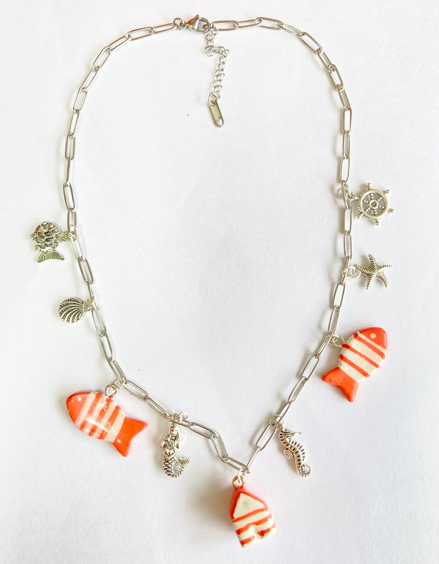 Beachy Seaside Necklace Clay Beach Hut & Fish Charms Boho Summer Vibes Jewellery