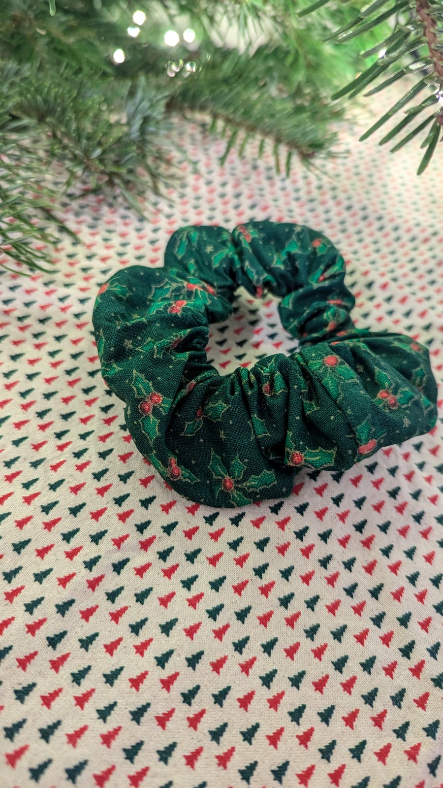 Green Christmas Scrunchie with holly pattern