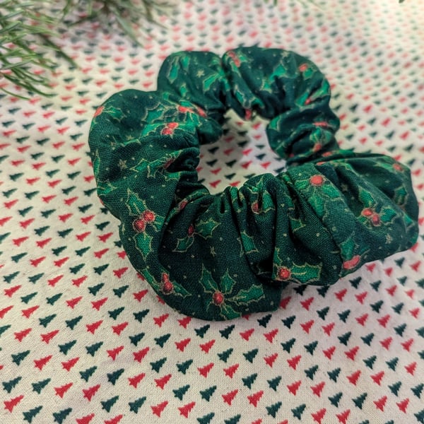 Green Christmas Scrunchie with holly pattern