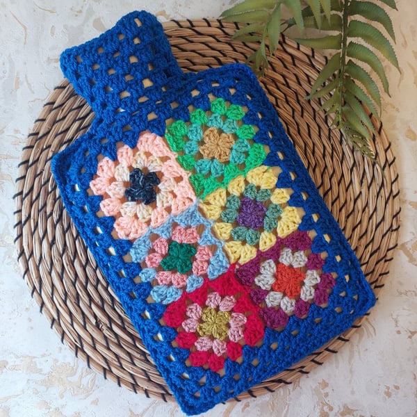 Crochet Hot Water Bottle Cover Granny Square Royal Blue