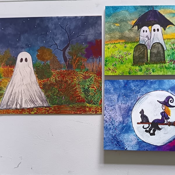 Multipack of 3 spooky cute cards with ghost and witch themes 