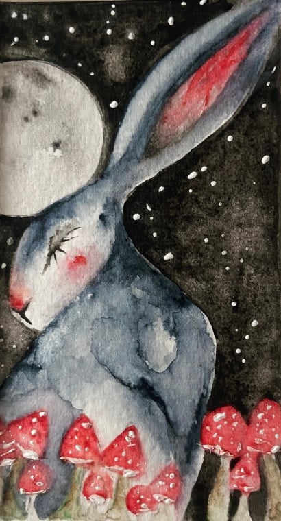 Mounted Original Hare Rabbit under the Moon with Mushrooms Watercolour 