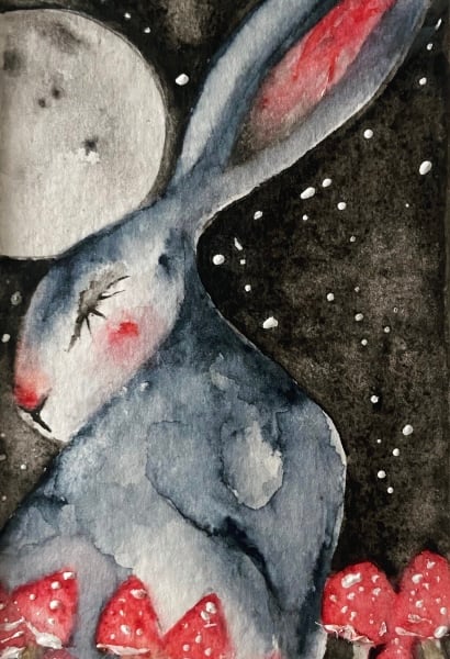 Mounted Original Hare Rabbit under the Moon with Mushrooms Watercolour 