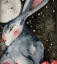 Mounted Original Hare Rabbit under the Moon with Mushrooms Watercolour 