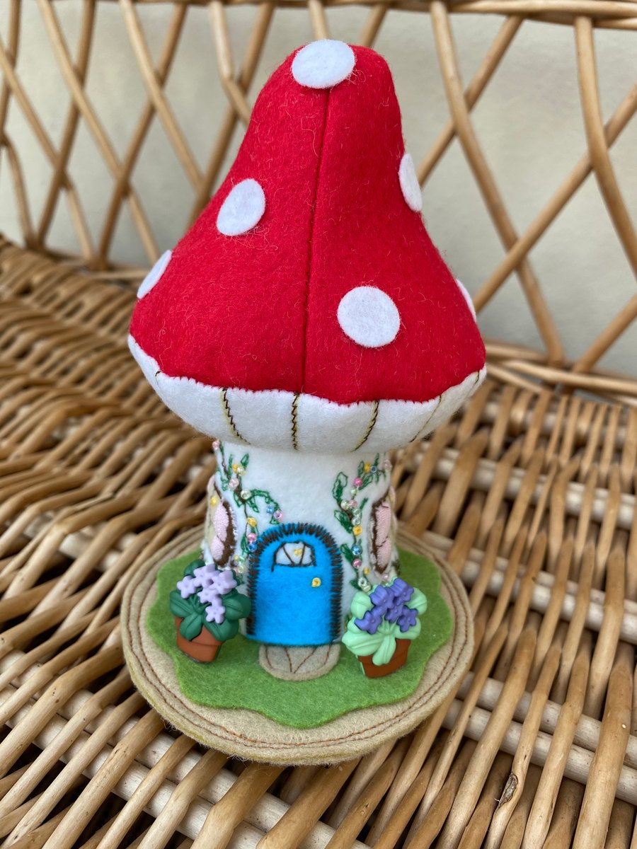 Novelty Pin Cushion. Toadstool House with Buttons and Beads for Needleworker.