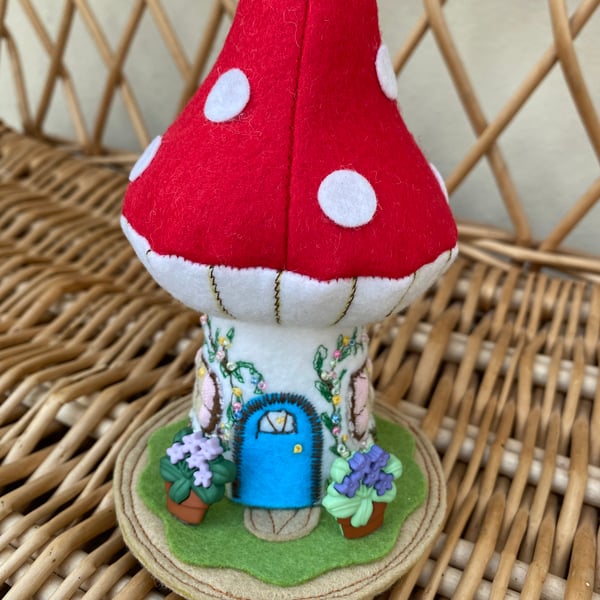 Novelty Pin Cushion. Toadstool House with Buttons and Beads for Needleworker.