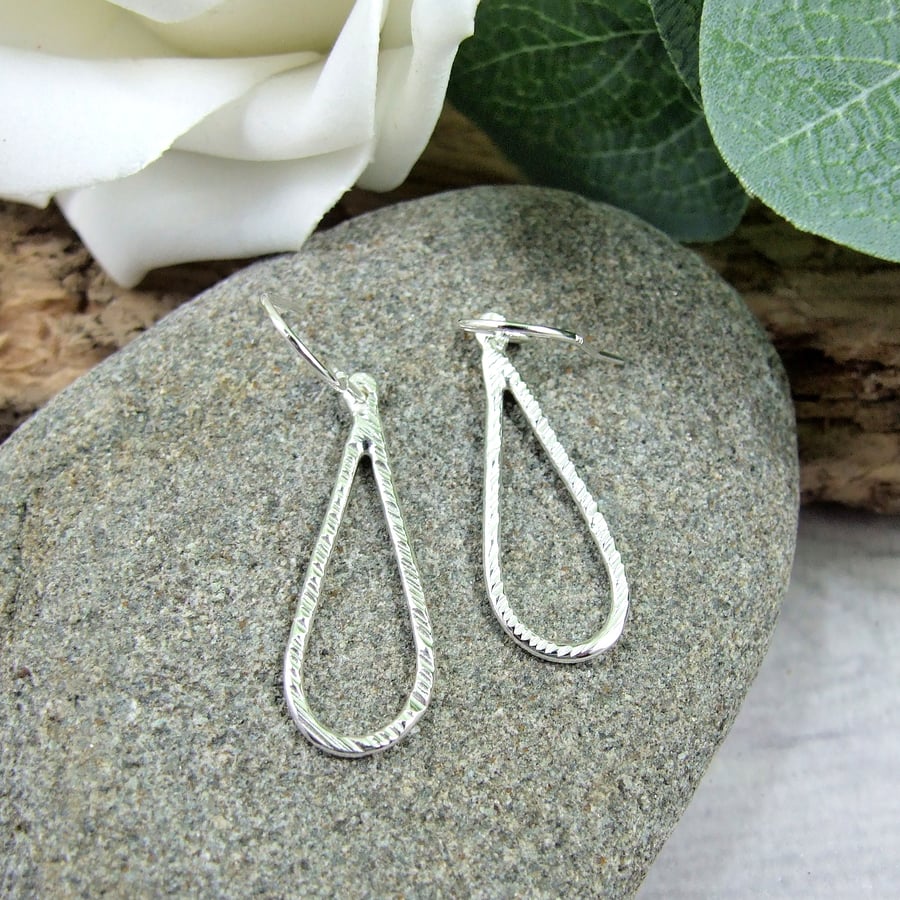 Earrings, Sterling Silver Sparkly Line Textured Teardrops