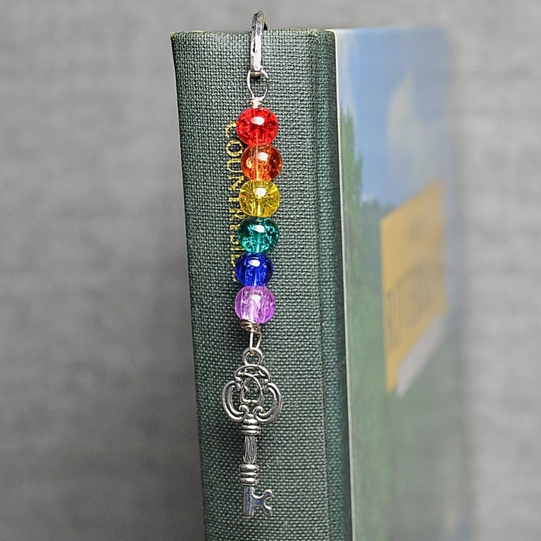 Patterned Metal Bookmark with Rainbow Crackle Glass and Key Charm