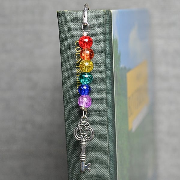 Patterned Metal Bookmark with Rainbow Crackle Glass and Key Charm