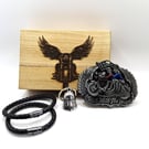Bikers Gift Box, Bikers Bell Gremlin Bell, 2 Leather Bracelets and Belt Buckle 