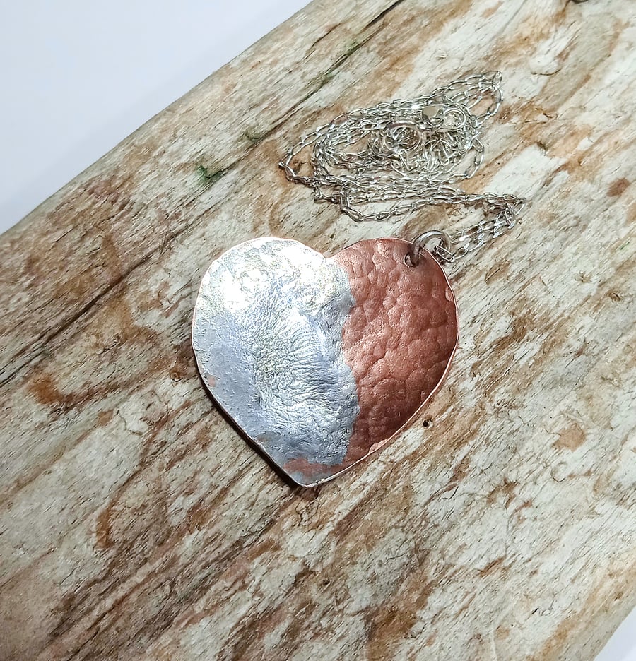 Reticulated Style Sterling Silver On Copper Heart Pendant - UK Free Post