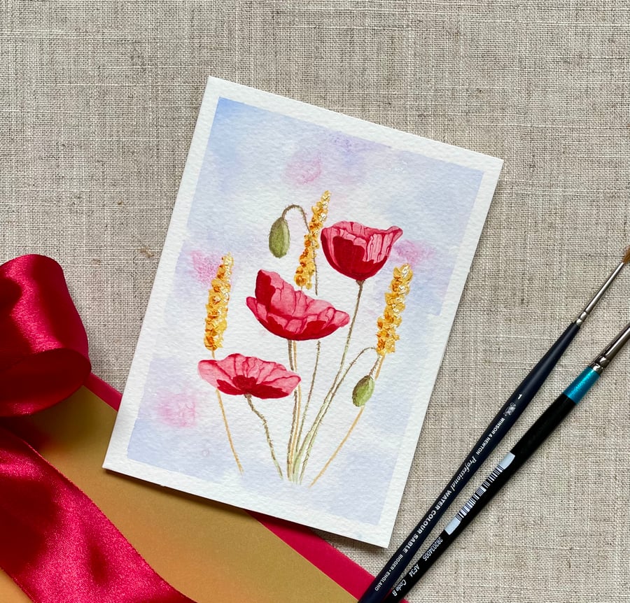 Hand painted card, Poppies and corn, mixed media, original art, summer birthday.