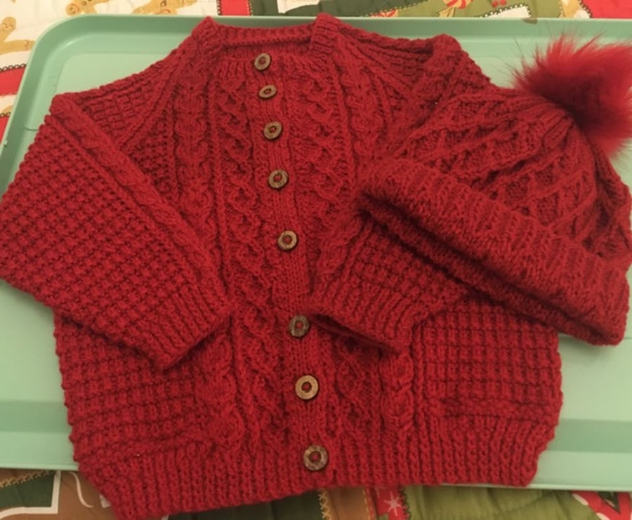 Childs Red Aran Style Cardigan & Bobble Hat