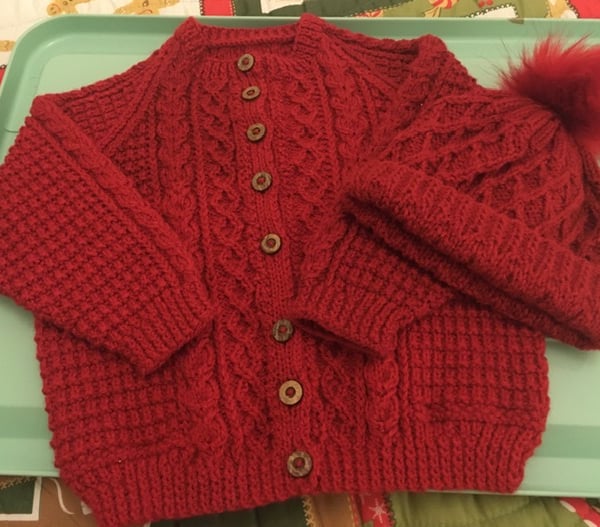 Childs Red Aran Style Cardigan & Bobble Hat