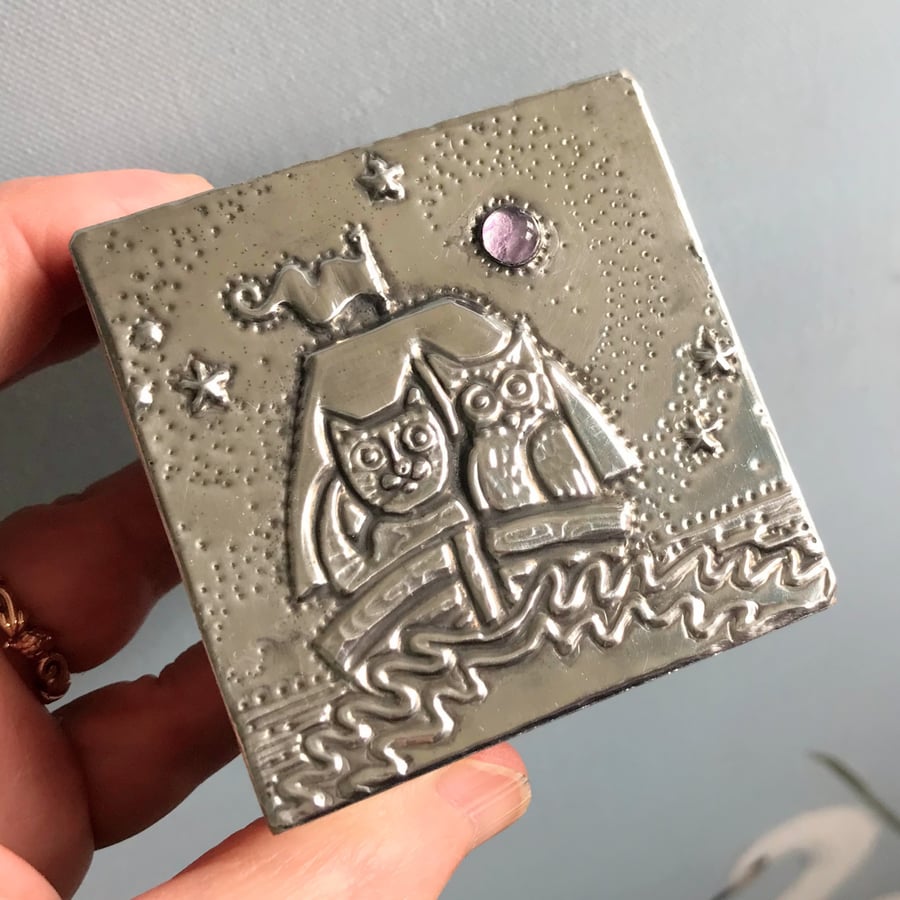 Handmade Pewter Box, the Owl and the Pussycat Design 