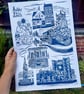 Ashby de la Zouch Original Lino Print in Blue - Image 4