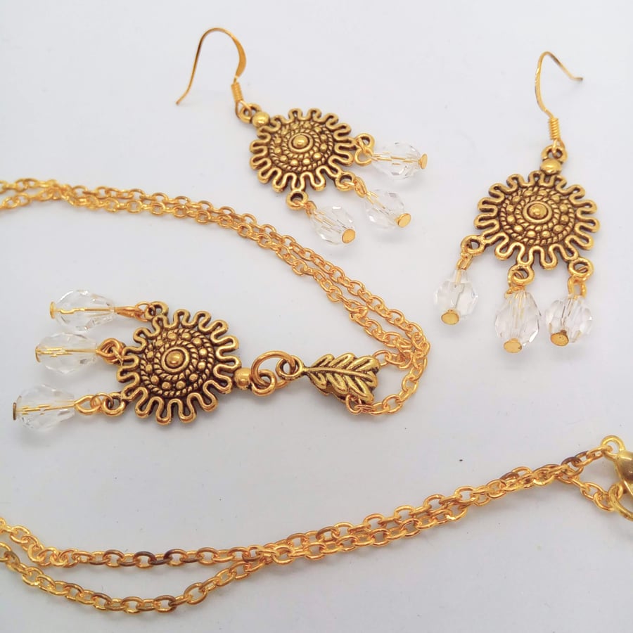 Gold Plated Round Chandelier Necklace and Earrings Set with White Crystal Beads