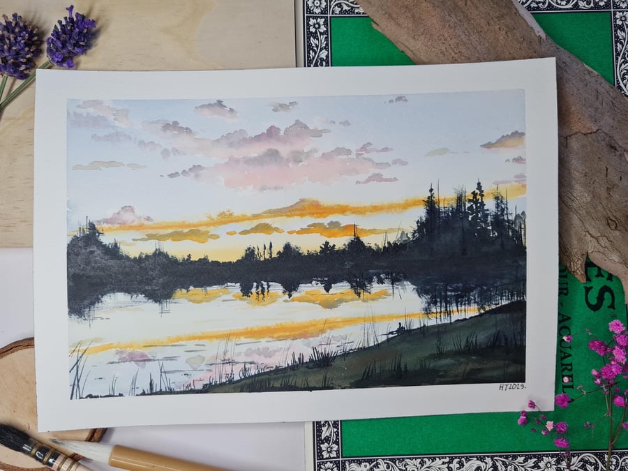 Original watercolour painting, Lake reflections, small tranquil landscape art