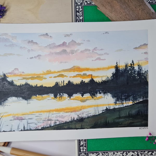 Original watercolour painting, Lake reflections, small tranquil landscape art