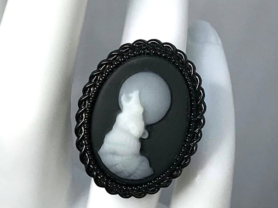 GOTH WOLF RING resin gift for her cool black adjustable fits all sizes punk cool