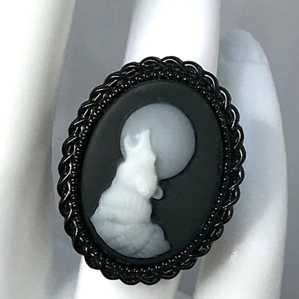 GOTH WOLF RING resin gift for her cool black adjustable fits all sizes punk cool