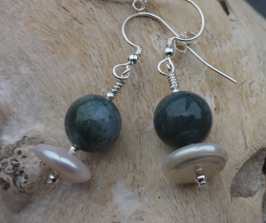 Freshwater Pearl, Indian agate, moss agate & sterling silver earrings