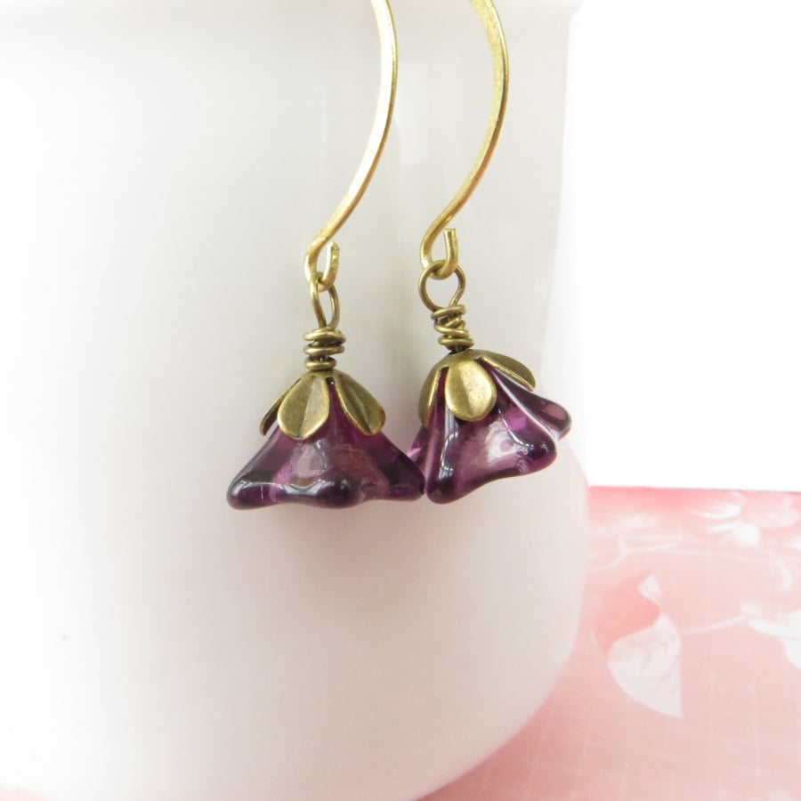 Purple Flower Earrings, Brass Earrings, Flower Dangle Earrings